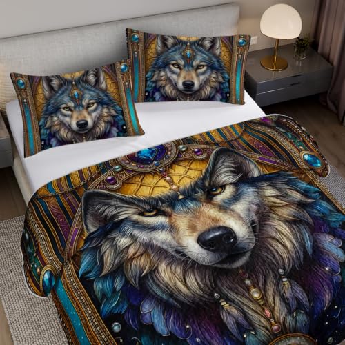 AILONEN Tribal Wolf King Quilted Comforter Set, Blue Gold Printed Bedding with 2 Pillowcases, Microfiber Filling, Main Family Bedroom - color: Blue Treasure Wild Wolf, size: King
