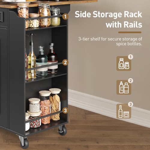 Kitchen Island with Power Outlets & Drop Leaf, Rolling Kitchen Cart on Wheels, Kitchen Storage Island with Spice Rack and Drawer for Kitchen, Dinning Room, Black and Rustic Brown - color: Black + Rustic Brown