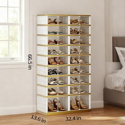 SYNCVIBE Foldable Shoe Organizer, 9 Tier, 36 Pairs, 34.2" Wide, White Gold | Foldable Shoe Rack, Collapsible Shoe Cabinet with Doors, Stackable Shoe Shelves for Closet, Entryway and Living Room - size: 9 Tiers -36 Pairs White Gold