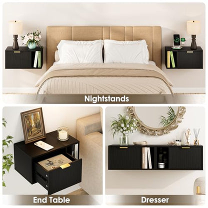 Masupu Floating Nightstand, Wall Mounted Floating Bedside Table with Storage Drawer and Open Shelf, Modern Bedroom Nightstand, 19.3" x 11.4" x 10", Black - color: Black