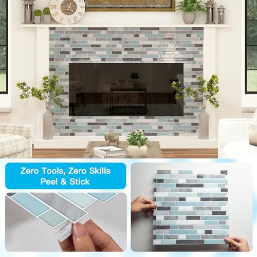Art3d 10-Sheet Heavy-Duty Peel and Stick Backsplash, Waterproof Wall Tiles Stick on Kitchen Backsplash Living Space, Gray & Blue (Pack of 4) - color: Gray & Blue, size: 12 x 12 Inch (Pack of 4)