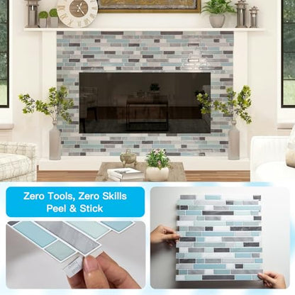 Art3d 10-Sheet Heavy-Duty Peel and Stick Backsplash, Waterproof Wall Tiles Stick on Kitchen Backsplash Living Space, Gray & Blue (Pack of 4) - color: Gray & Blue, size: 12 x 12 Inch (Pack of 4)