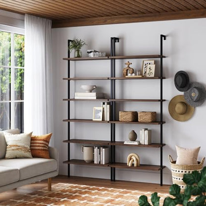 Nathan James Theo 6-Shelf Tall Bookcase, Wall Mount Bookshelf with Reclaimed Oak Wood and Industrial Metal Frame, Reclaimed Oak/Matte Black, Set of 2 - color: Oak/Matte Black, size: Set of 2