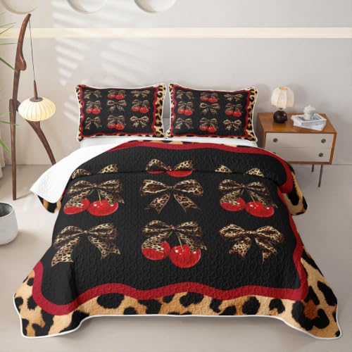 Chic Leopard Bowknot Kids Quilt Set King Size,Cute Cherry Fruits Quilted Bedspread,Leopard Print Quilted Coverlet with 2 Pillow Sham,Black Red Bed Covers for All Season - color: Black Red, size: King