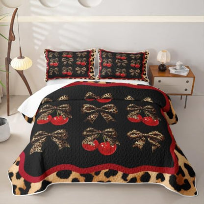 Chic Leopard Bowknot Kids Quilt Set King Size,Cute Cherry Fruits Quilted Bedspread,Leopard Print Quilted Coverlet with 2 Pillow Sham,Black Red Bed Covers for All Season - color: Black Red, size: King