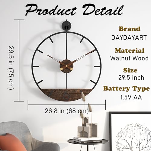 Modern Wood Walnut Dial Wall Clock, Large Simple Wall Decor Metal Frame Silent Non Ticking Clock for Living Room, Kitchen, Bedroom, Study Decoration, Handmade Home Present Idea, 29.5 in - size: 4.XX-Large 29.5In(75cm)