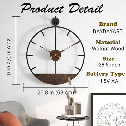 Modern Wood Walnut Dial Wall Clock, Large Simple Wall Decor Metal Frame Silent Non Ticking Clock for Living Room, Kitchen, Bedroom, Study Decoration, Handmade Home Present Idea, 29.5 in - size: 4.XX-Large 29.5In(75cm)