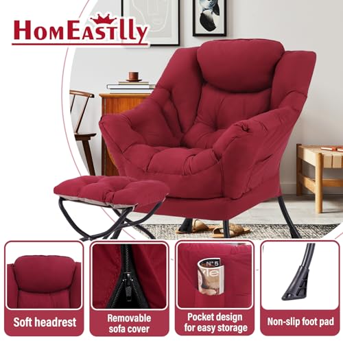 Lazy Chair with Ottoman, Soft Comfy Chair for Bedroom, Burgundy | Reading Accent Lounge Chair with folding Foot Stool for Living Room Dorm Apartment, sturdy metal frame - color: Burgundy