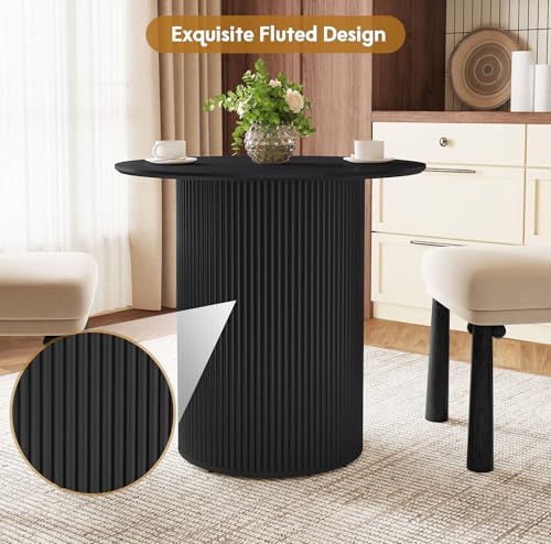 31.5" Round Dining Table for 2 People, Small Kitchen Dinner Table with Fluted Wood Base, Farmhouse Circle Dining Tables for Home, Kitchen, Dining Room, Living Room (Black) - color: Black