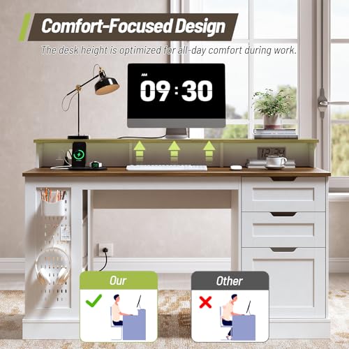 55-inch Farmhouse Executive Desk with 2 Drawers and File Cabinet, Computer Desk with 3-Tier Storage Shelves, Home Office Desk with Charging Station, Pegboard & Monitor Shelf, White and Walnut - color: White and Walnut