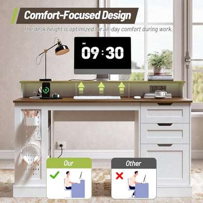 55-inch Farmhouse Executive Desk with 2 Drawers and File Cabinet, Computer Desk with 3-Tier Storage Shelves, Home Office Desk with Charging Station, Pegboard & Monitor Shelf, White and Walnut - color: White and Walnut