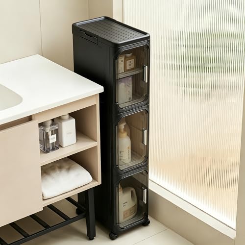 UFORU Tall Narrow Storage Cabinet,Slim Organizer with Magnetic Doors&Wheels | 3 Tiers, Smooth-Rolling Wheels, Durable Waterproof Plastic, Adjustable Shelves, Space-Saving Design for Small Spaces - color: Black, size: 3 tier