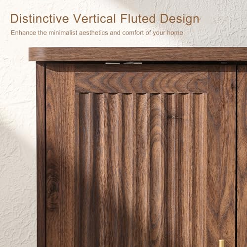 Okvnbjk Modern Sideboard Buffet Cabinet with Storage, Walnut | Fluted Coffee Bar Cabinet with 4 Doors & Adjustable Shelves for Kitchen, Dining Room, Living Room & Hallway - color: Walnut