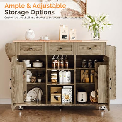 VINGLI Kitchen Island with Storage, 52" Rolling Kitchen Cart with 3 Drawers & Shelves, Drop Leaf Design, Mobile Island with Barn Doors, Towel & Spice Rack for Kitchen & Dining, Grey Brown Oak - color: Grey Brown 2-box
