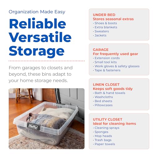 Hefty 40 Qt Hi-Rise Storage Bin with Lid, Stackable Plastic Storage Container, Organizer for Home, Garage & Closet, 6 Pack, Gray - size: 40 QT - 6 Pack