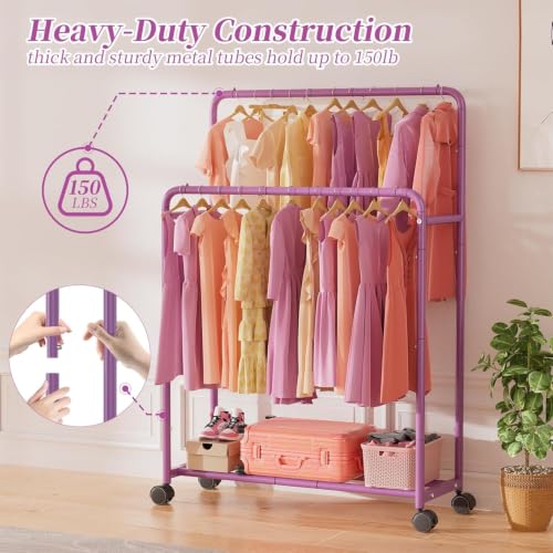 Simple Trending Clothing Clothes Rack, Double Rod Garment Rack, Purple | Portable Closet with Bottom Shelf, Anti-Slip Stoppers, 360° Lockable Wheels, Multiple Uses, Bedroom, Laundry Room - color: Purple