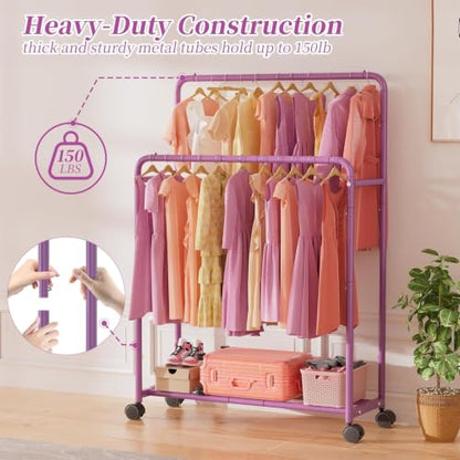 Simple Trending Clothing Clothes Rack, Double Rod Garment Rack, Purple | Portable Closet with Bottom Shelf, Anti-Slip Stoppers, 360° Lockable Wheels, Multiple Uses, Bedroom, Laundry Room - color: Purple