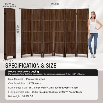 6 Panel Wood Room Divider and Folding Privacy Screen 67″, Brown | Solid Paulownia Wood Room Partition with 360° Hinges, Freestanding Wall Divider for Room Separation, Home, Bedroom, Office - color: 6 Panels Brown, size: 6 Panels