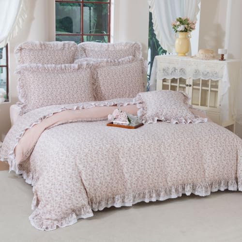 FADFAY College Duvet Cover Set Twin XL 3 Pieces, 100% Washed Cotton Camel Floral Dorm Bedding, Soft Breathable Cottagecore Farmhouse Comforter Cover with Ruffle Lace Trim Shams, Hidden Zipper Closure - color: Camel Floral, size: Twin XL