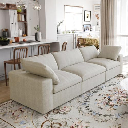 118" Cloud Modular Sofa, Convertible Modular 3 Seater Couch, Cotton Linen Fabric Sofa for Living Room, Apartment and Bedroom, Removable Covers, 2 Pillows, Khaki - color: Khaki, size: 3-Seater