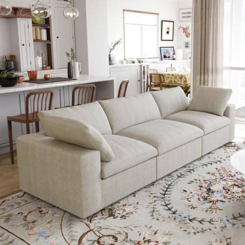 118" Cloud Modular Sofa, Convertible Modular 3 Seater Couch, Cotton Linen Fabric Sofa for Living Room, Apartment and Bedroom, Removable Covers, 2 Pillows, Khaki - color: Khaki, size: 3-Seater