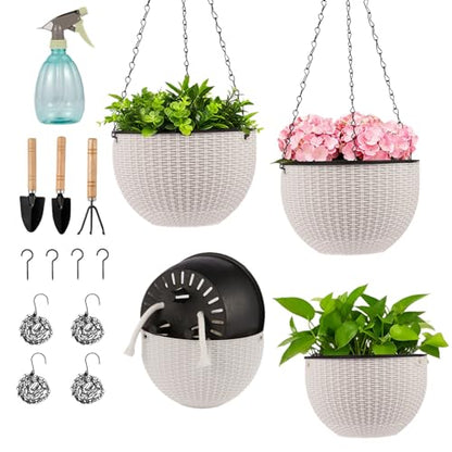 4 Sets of 8.2 Inch Self Watering Hanging Planter Flower Pots, Suitable for Indoor and Outdoor Plant Flower, Basket Flower Pots with Hanging Chains, Spray Bottles, Planting Tools, Hook (White)