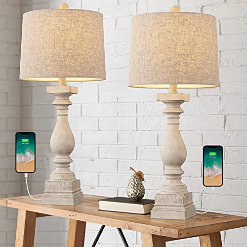 BOBOMOMO 27" Table Lamp with USB C+A Charging Ports Set of 2 Antique Nightstand Lamp for Bedroom Living Room Farmhouse Office Retro Rustic Resin Bedside Desk Lamps Washed White (Blubs not Included) - color: Beige