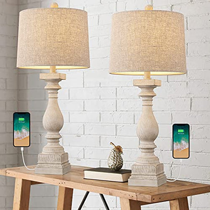 BOBOMOMO 27" Table Lamp with USB C+A Charging Ports Set of 2 Antique Nightstand Lamp for Bedroom Living Room Farmhouse Office Retro Rustic Resin Bedside Desk Lamps Washed White (Blubs not Included) - color: Beige