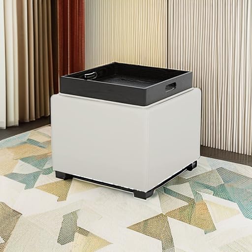 CHITA Storage Ottoman Cube with Tray Lid, Small Footstool with Storage, Square End Table for Living Room and Bedroom, Faux Leather in Light Gray - color: Light Gray