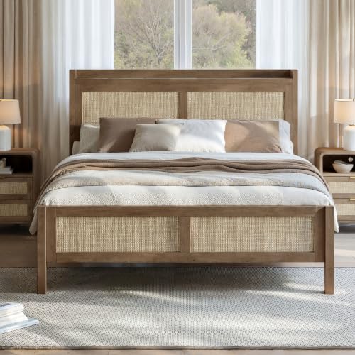 Evermagin Rattan Bed Frame Queen Size with Woven Headboard, Caramel Oak | Boho Queen Platform Bed with Charging Station, Noise Free Wicker and Wood Queen BedFrame for Bedroom, No Box Spring Needed - color: Caramel Oak
