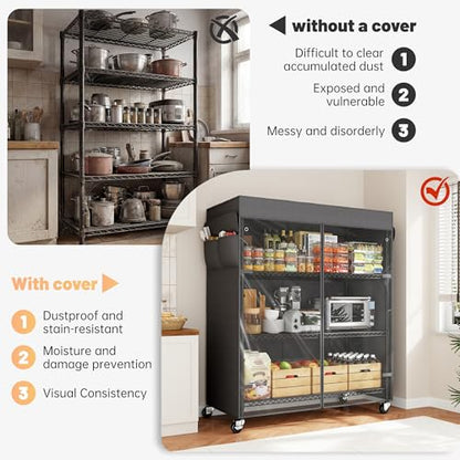 REIBII 4-Tier Shelving Unit with Cover, Dustproof, with Wheels for Pantry | Heavy-duty steel, 794 lbs capacity, Dustproof cover with zippered access, 4 lockable wheels, Adjustable, Tool-free assembly - size: 36" W x 14.3" D x 56.5" H