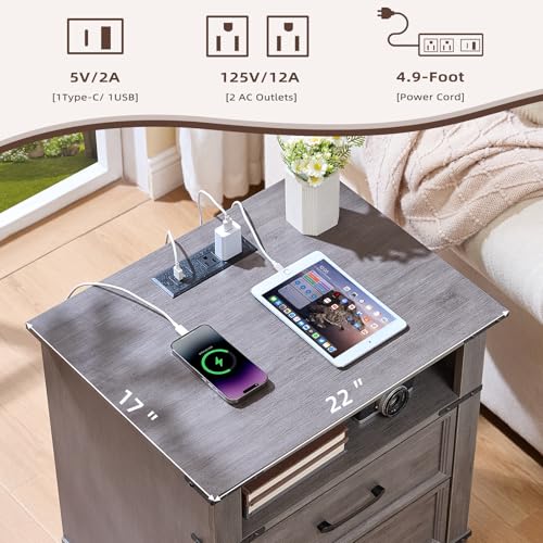 Farmhouse Night Stand with Charging Station, Grey | 2 Drawers End Tables Bedroom, Bedside Table with Metal Handles & Solid Wood Foot & Open Shelf - color: Grey