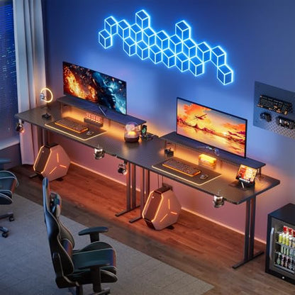 HLDIRECT 63 Inch Gaming Desk with LED Lights & Cable Management, Black | Ergonomic carbon fiber gaming computer desk with 5 sockets, monitor stand, cup holder, headphone hook & mouse pad for gamers - size: 63INCH