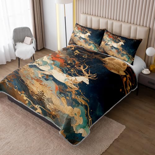 AILONEN White Deer Full Quilted Comforter Set, Lunar Sky Printed Bedding with 2 Pillowcases, Microfiber Filling, Teen Guest Bedroom - color: Moon Night Elk, size: Full