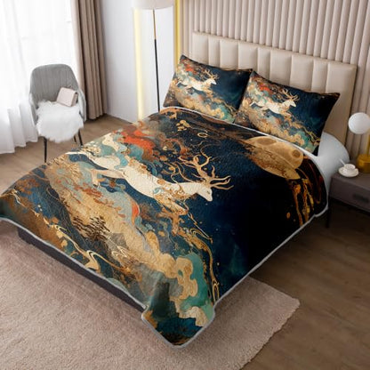 AILONEN Antler Deer Queen Quilted Comforter Set, Night Wave Printed Bedding with 2 Pillowcases, Microfiber Filling, Master Family Bedroom - color: Moon Night Elk, size: Queen