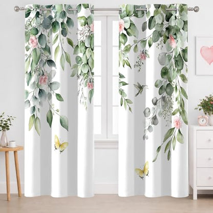 Green Botanical Eucalyptus Blackout Curtains, 2 Panels 42x84 Inch | Green Leaves and Pink Flower Butterfly Bird Design Nature Plant Botanical Room Darkening Curtains for Bedroom - color: Pink, size: 42"W x 84"L (Pack of 2)