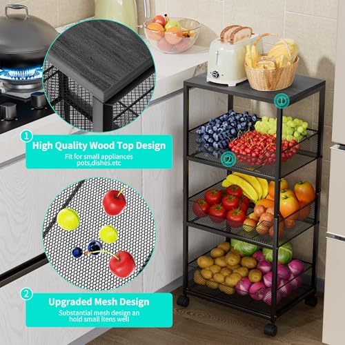 HapiRm Fruit Basket Kitchen Cart - 4-Tier Rolling Storage Cart with Wheels, Fruit Vegetable Basket with Wood Top, Pantry Utility Kitchen Organizer for Fruit Potato Onion Vegetable Bread Snack - color: Grey