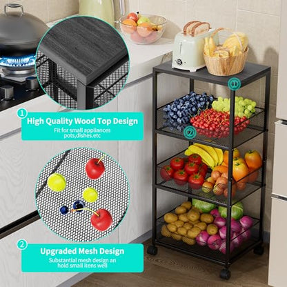 HapiRm Fruit Basket Kitchen Cart - 4-Tier Rolling Storage Cart with Wheels, Fruit Vegetable Basket with Wood Top, Pantry Utility Kitchen Organizer for Fruit Potato Onion Vegetable Bread Snack - color: Grey