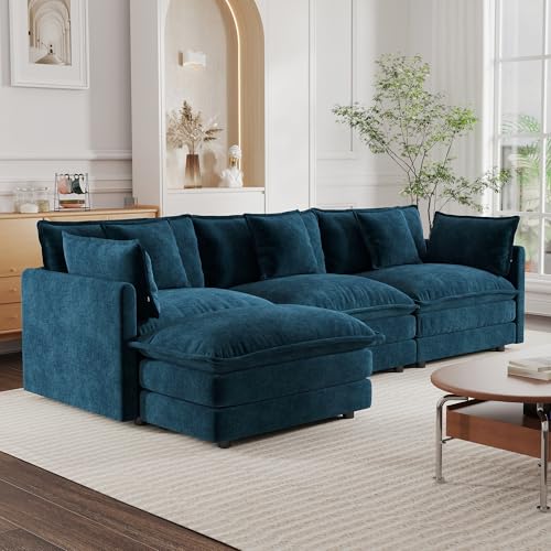 Modular Sectional Sofa, 111.5 Inch L Shaped Couch Set for Living Room, 3-Seater Comfy Cloud Couches with Movable Ottoman, DIY Combination, Chenille, Blue - color: Blue, size: 111.5 Inch- L