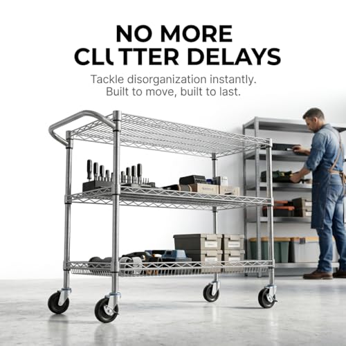 Finnhomy 3 Tier Heavy Duty Commercial Grade Utility Cart, Wire Rolling Cart with Pushing Handle Bar, Steel Metal Kitchen Service Trolly with Wheels, Shelf Size 18" D x 36" W, NSF, Chrome - size: 36"L x 18"W x 35.4"H-3 Tier, style: Chrome Cart