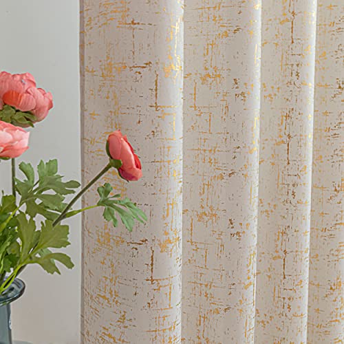 Taisier Home Gold Foil Print Linen Textured Curtains Geometric Dots Pattern Design Curtains for Nursery Toy Room Thermal Insulated Window Treatment 2 Panels 45" L,Beige and Gold Drapes Print - color: Greyish Beige/Gold, size: 52"W x 45"L (Pack of 2)