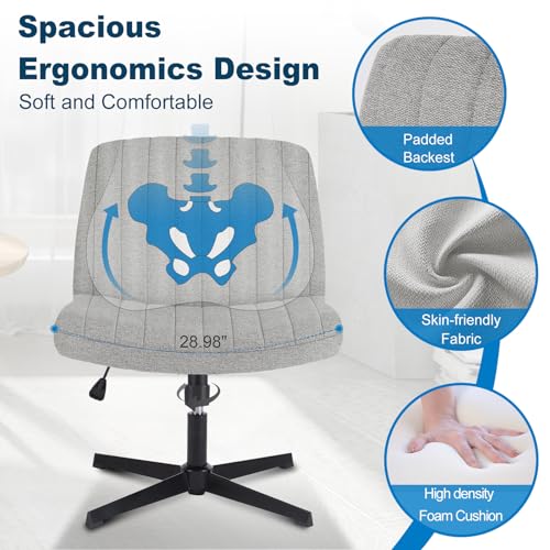 DUMOS Criss Cross Chair, Cross Legged Vanity Chair, Office Desk | Armless Wide Comfy Seat, Swivel Height Adjustable, Comfy Fabric, Computer Task, for Bedroom Study, Grey No Wheel - color: Grey No Wheel