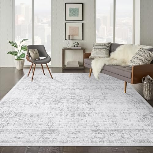 LIVEBOX Traditional Rug 9x12 - Large Gray Vintage Rug for Living Room, Washable Soft Floral Carpet Anti-Skid Thin Neutral Rugs for Office Bedroom Dining Room, Silverygray - color: Silvergray, size: 9' x 12' (Rectangular)