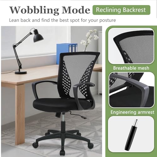 Home Office Chair Mid Back PC Swivel Lumbar Support Adjustable Desk Task Computer Ergonomic Comfortable Mesh Chair with Armrest (Dark Black) - color: Dark Black