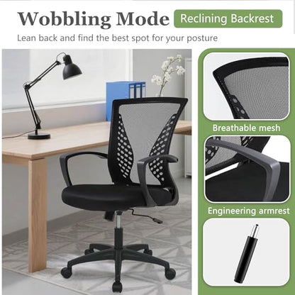 Home Office Chair Mid Back PC Swivel Lumbar Support Adjustable Desk Task Computer Ergonomic Comfortable Mesh Chair with Armrest (Dark Black) - color: Dark Black