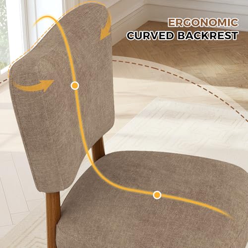 Dining Chairs Set of 6, Linen Upholstered, Solid Wood Legs, Brown | Mid Century Farmhouse, Cross-Brace Reinforced, Padded Cushion, Easy 15-Min Assembly, Kitchen Dining Room - color: Brown, size: Set of 6