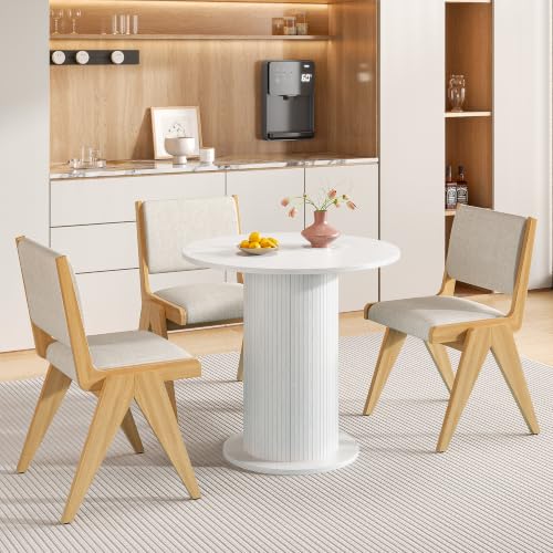 31.5 inch Round Dining Table for 2, Modern Farmhouse Kitchen Table | Small Circle Dining Tables with Wood Strip Base for Kitchen Living Room - color: White