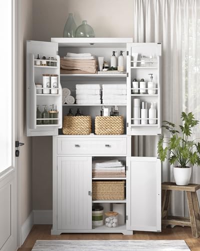 VASAGLE Pantry Cabinet, Freestanding Tall Cupboard with a Drawer | Freestanding cupboard with 2 cabinets, 4 adjustable shelves, 6 door shelves, White, UBBC561P31V2 - color: White, style: Modern