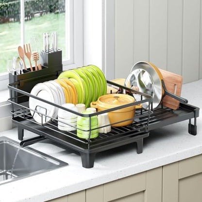TOOLF Expandable Dish Drying Rack for Kitchen Counter, Black | Extendable 12"-22"W, Fast Draining, Large Capacity, Fits Large Plates, Utensil Holder, 3-4 People Family - size: 1-Tier(Front Extension)