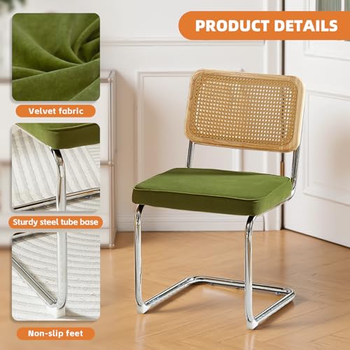 Rattan Dining Chairs Set of 2,Velvet Cesca Chair Kitchen Chair,Olive Green | VICBARLEY Mid Century Modern Dining Chairs,Wood Cane Backrest&Chrome Base,Upholstered Side Chair for Dining Room,Kitchen - color: Olive Green, size: Set of 2